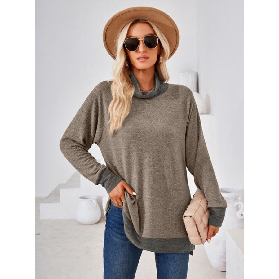 Contrast Mock Neck Long Sleeve T-Shirt