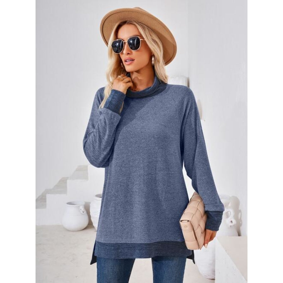 Contrast Mock Neck Long Sleeve T-Shirt