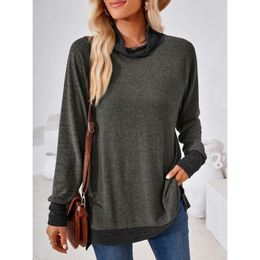 Contrast Mock Neck Long Sleeve T-Shirt