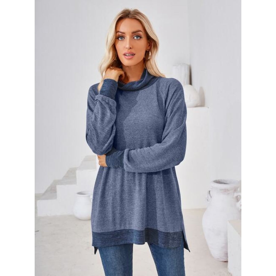 Contrast Mock Neck Long Sleeve T-Shirt