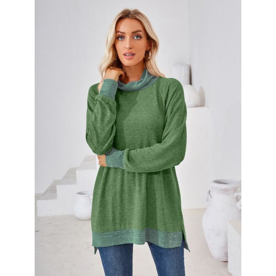 Contrast Mock Neck Long Sleeve T-Shirt