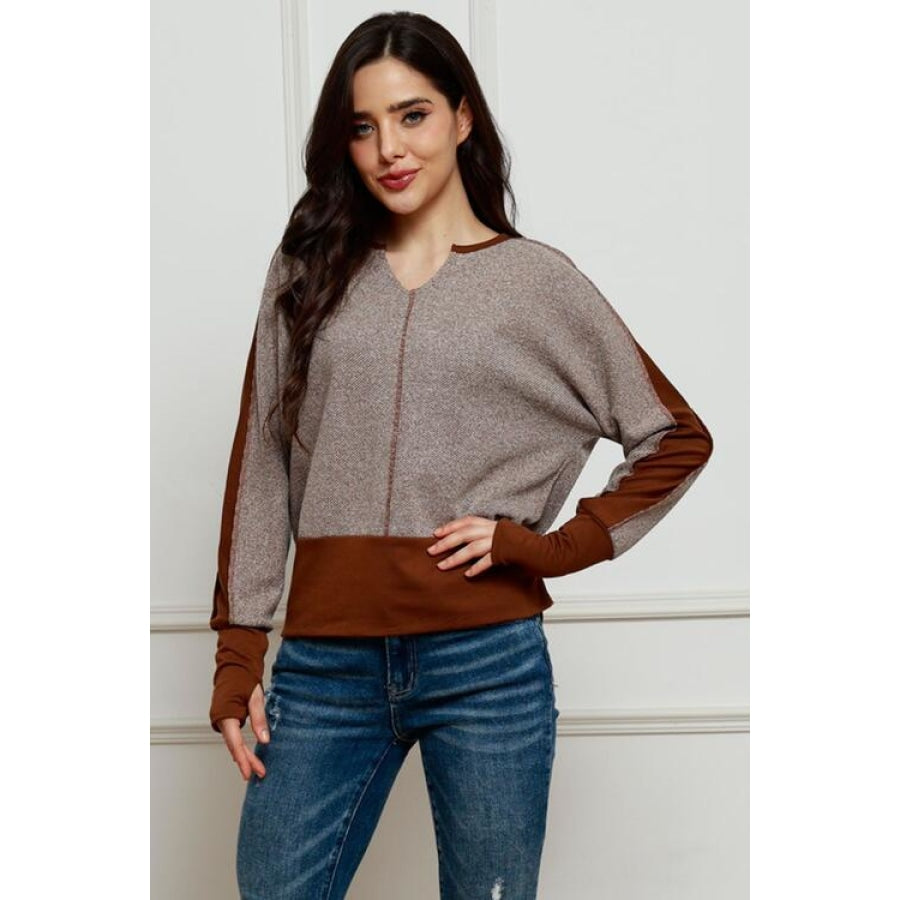 Contrast Notched Exposed Seam Top Taupe / S