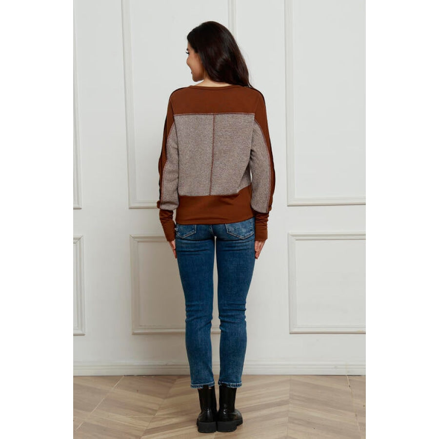 Contrast Notched Exposed Seam Top Taupe / S