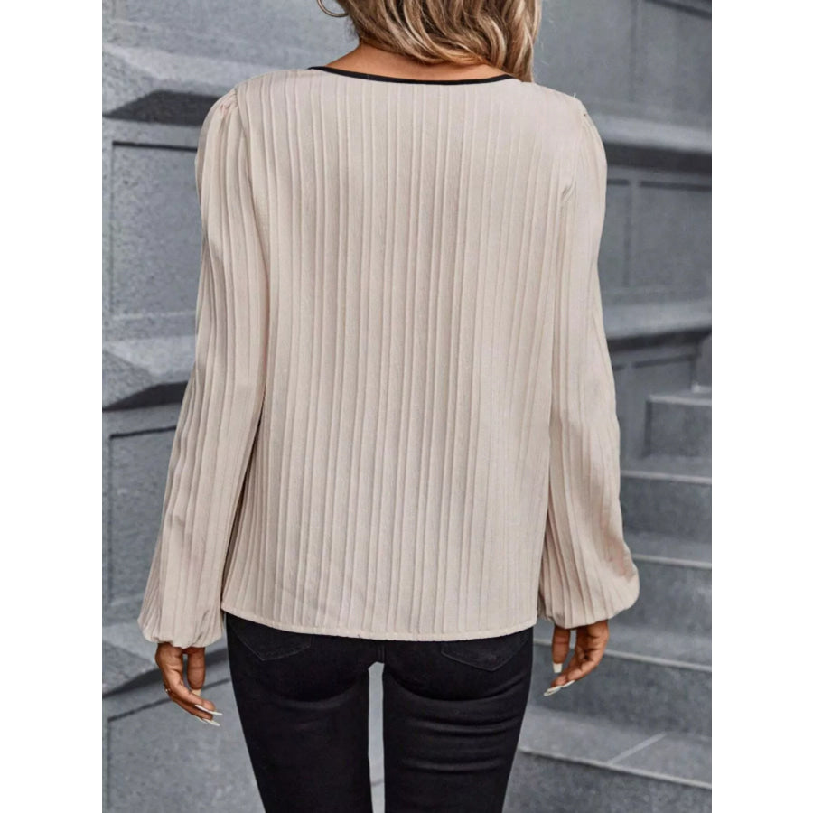 Contrast Notched Long Sleeve Blouse Apparel and Accessories