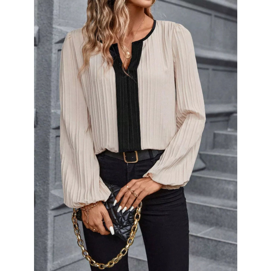 Contrast Notched Long Sleeve Blouse Apparel and Accessories