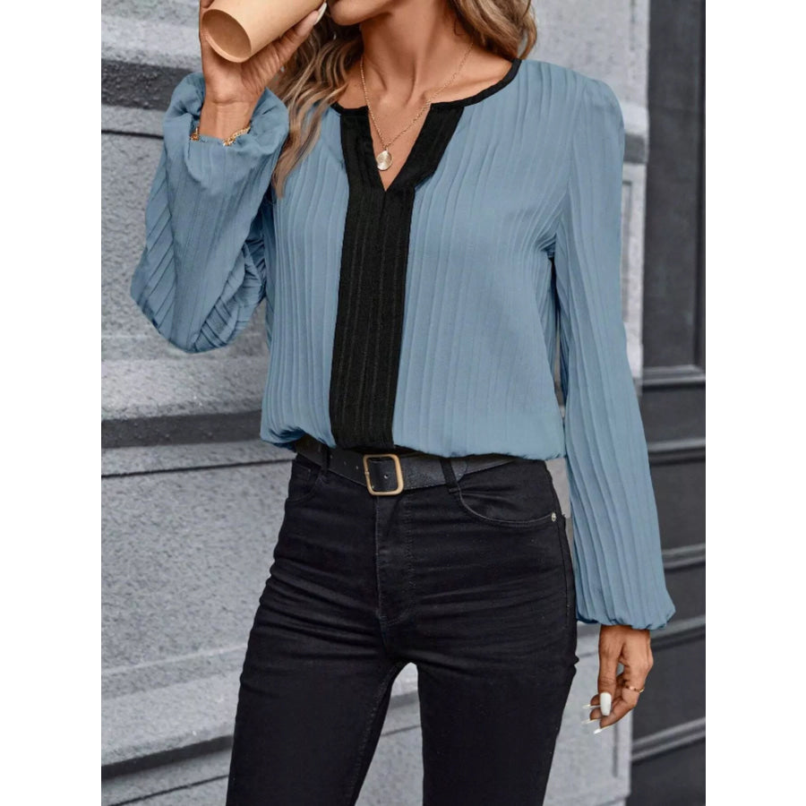 Contrast Notched Long Sleeve Blouse Apparel and Accessories