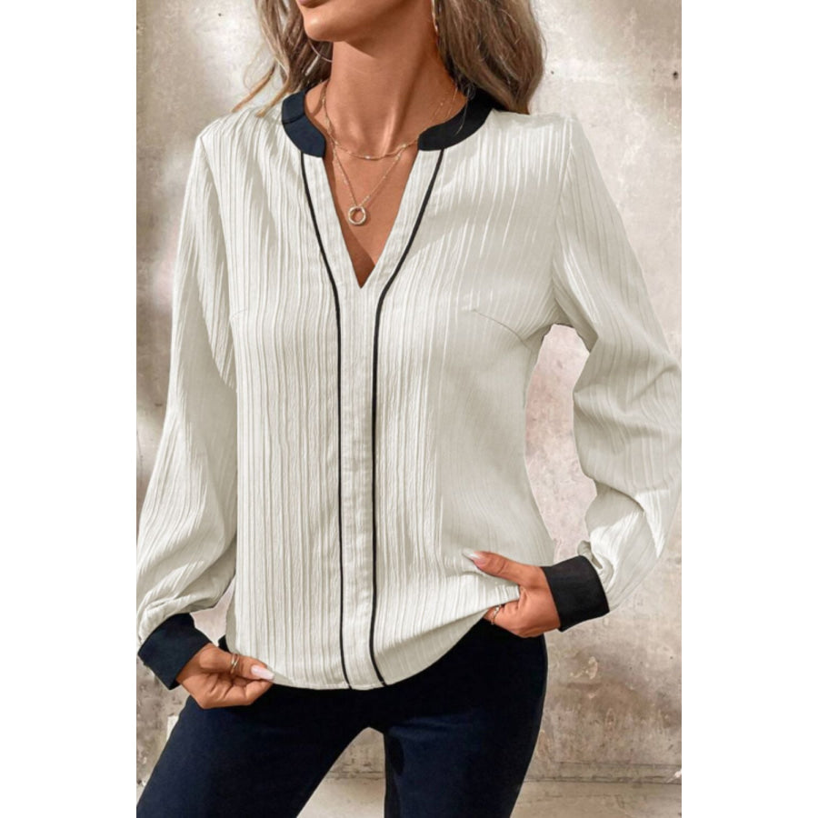 Contrast Notched Long Sleeve Blouse White / S Apparel and Accessories