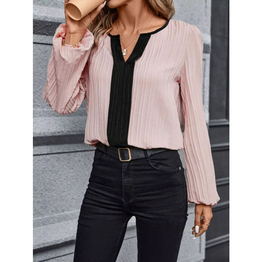 Contrast Notched Long Sleeve Blouse Apparel and Accessories