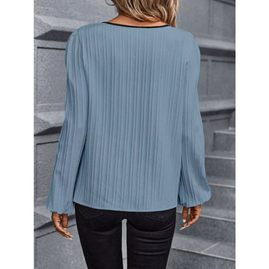 Contrast Notched Long Sleeve Blouse Apparel and Accessories