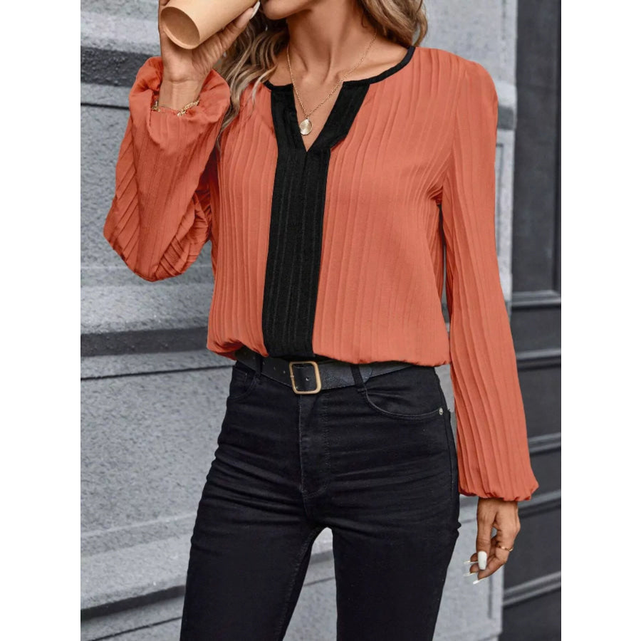 Contrast Notched Long Sleeve Blouse Apparel and Accessories