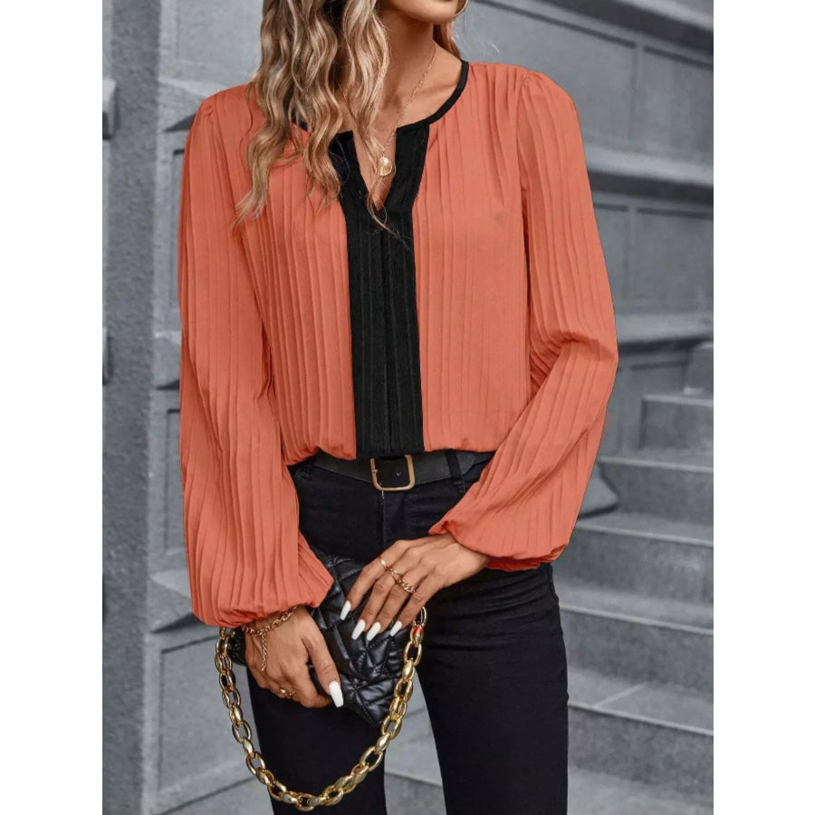 Contrast Notched Long Sleeve Blouse Apparel and Accessories
