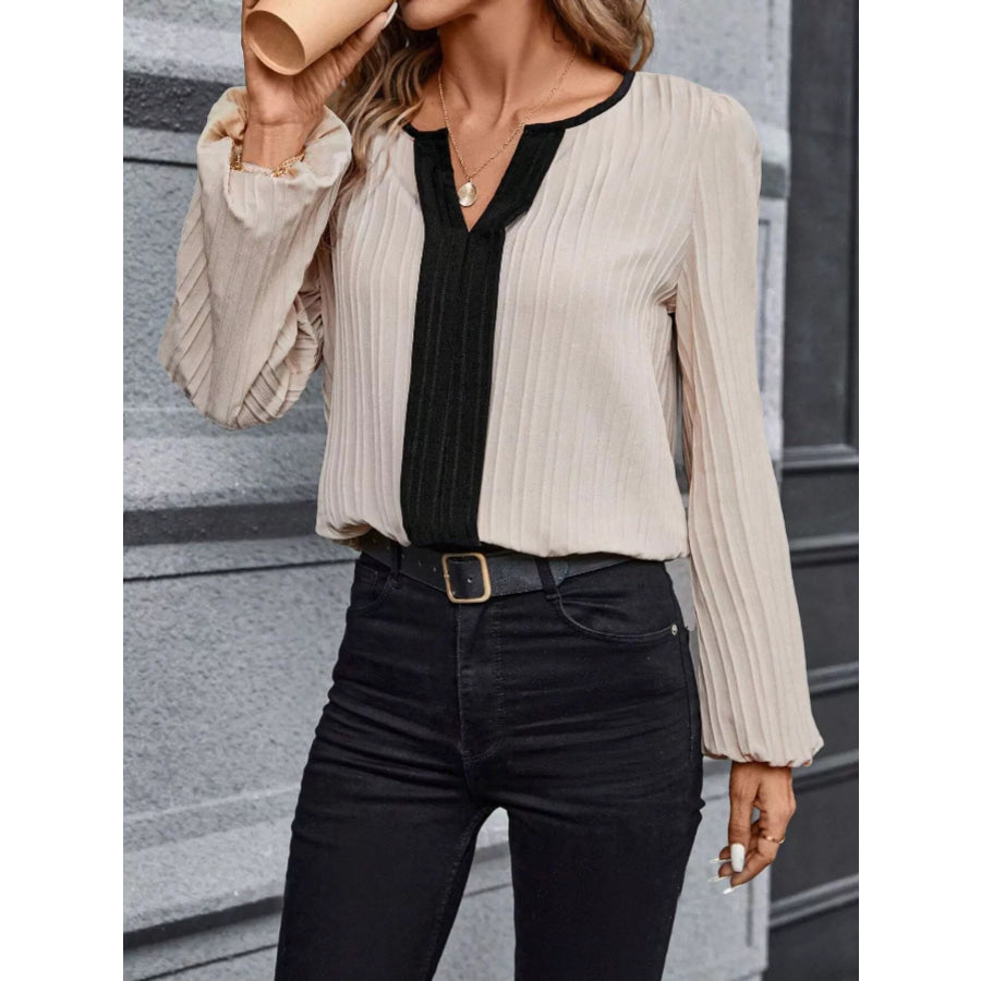 Contrast Notched Long Sleeve Blouse Apparel and Accessories
