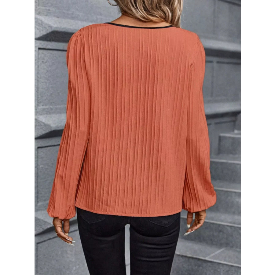 Contrast Notched Long Sleeve Blouse Apparel and Accessories