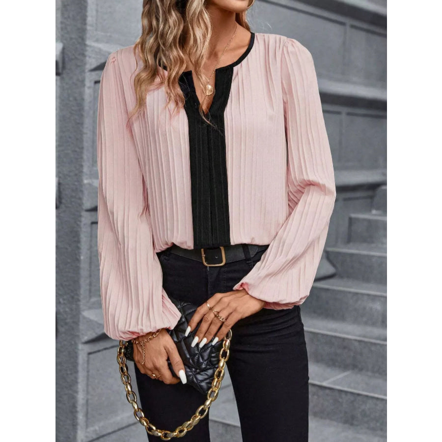 Contrast Notched Long Sleeve Blouse Apparel and Accessories