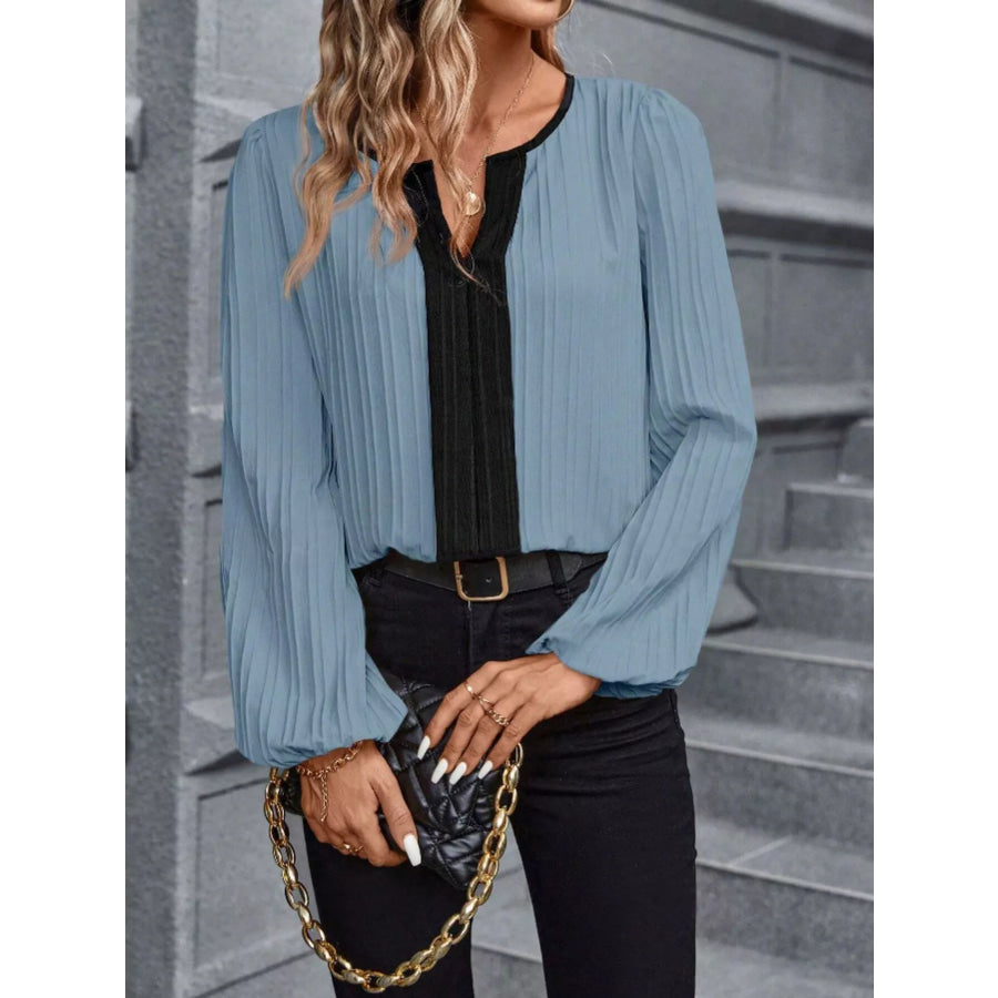 Contrast Notched Long Sleeve Blouse Apparel and Accessories