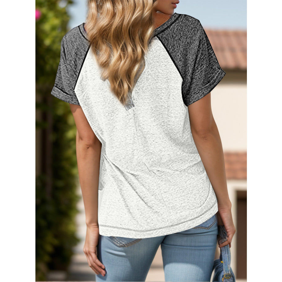 Contrast Notched Short Sleeve T-Shirt Apparel and Accessories