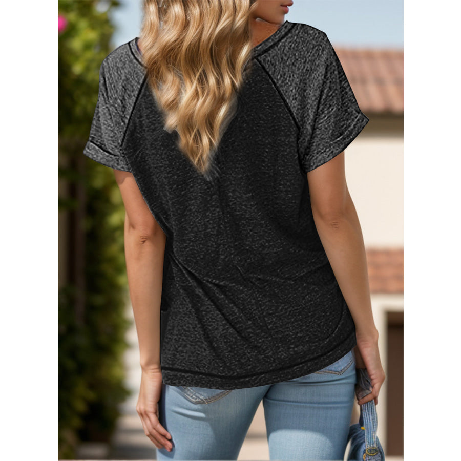 Contrast Notched Short Sleeve T-Shirt Apparel and Accessories