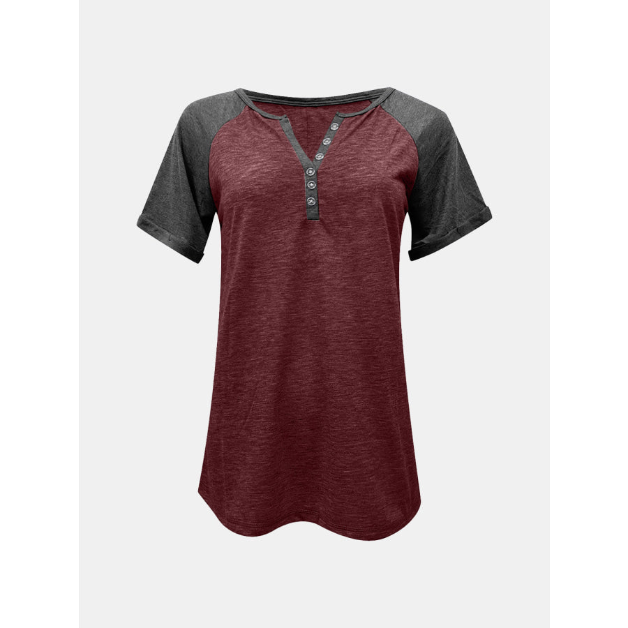 Contrast Notched Short Sleeve T-Shirt Apparel and Accessories