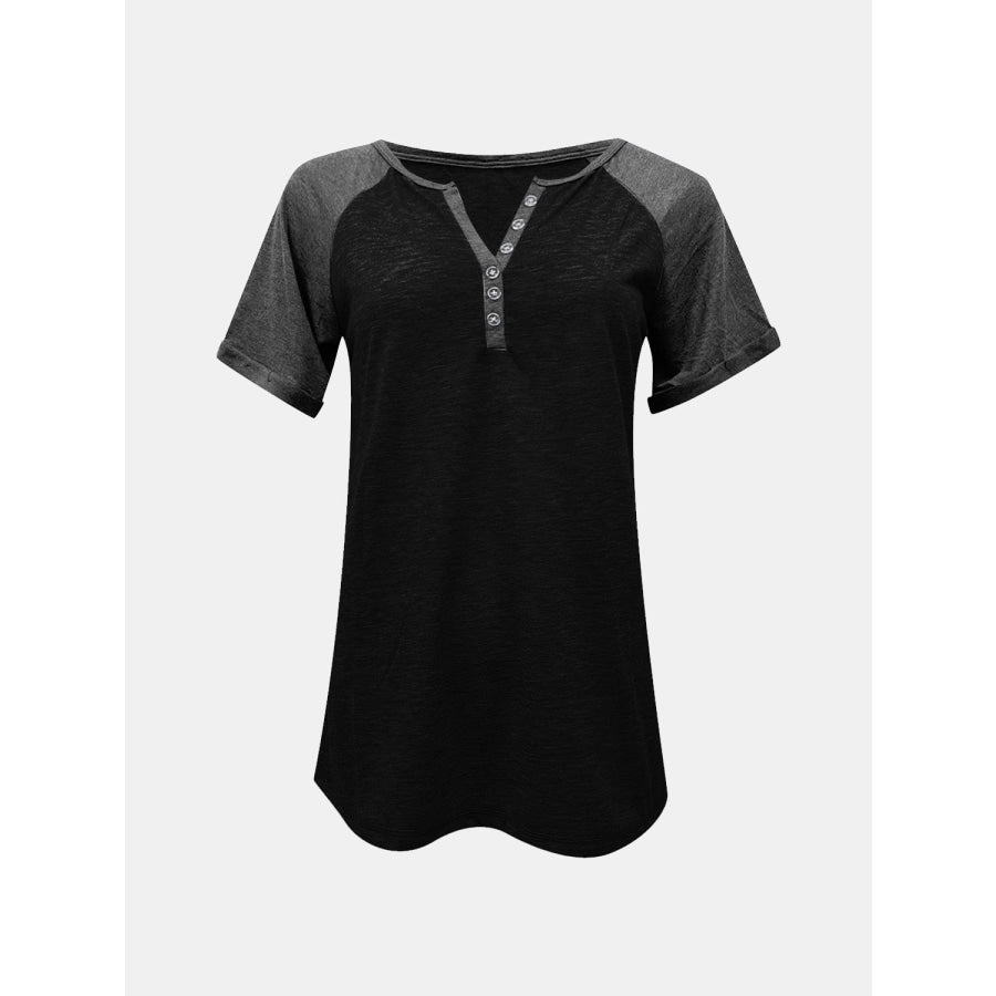 Contrast Notched Short Sleeve T-Shirt Apparel and Accessories