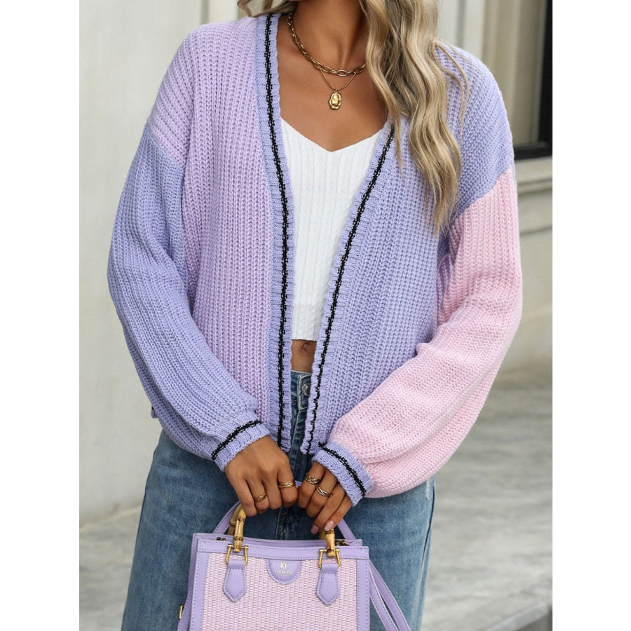 Contrast Open Front Long Sleeve Cardigan Apparel and Accessories