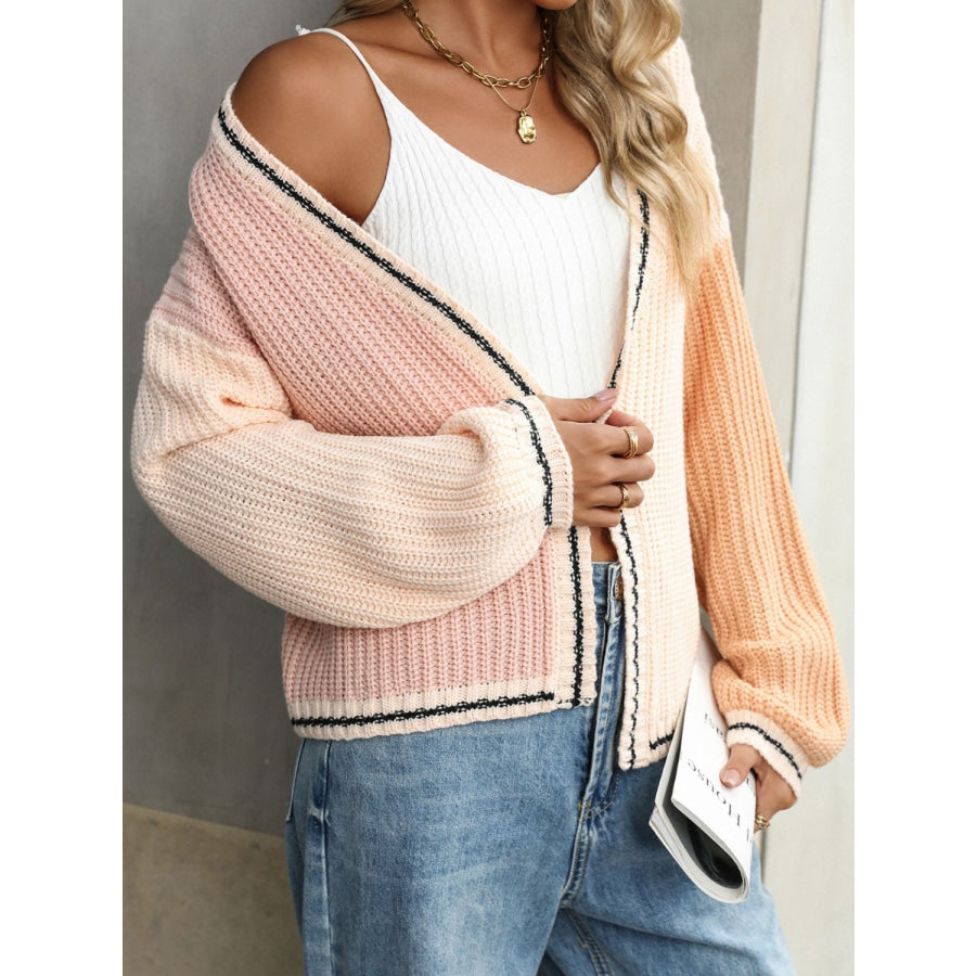 Contrast Open Front Long Sleeve Cardigan Apparel and Accessories