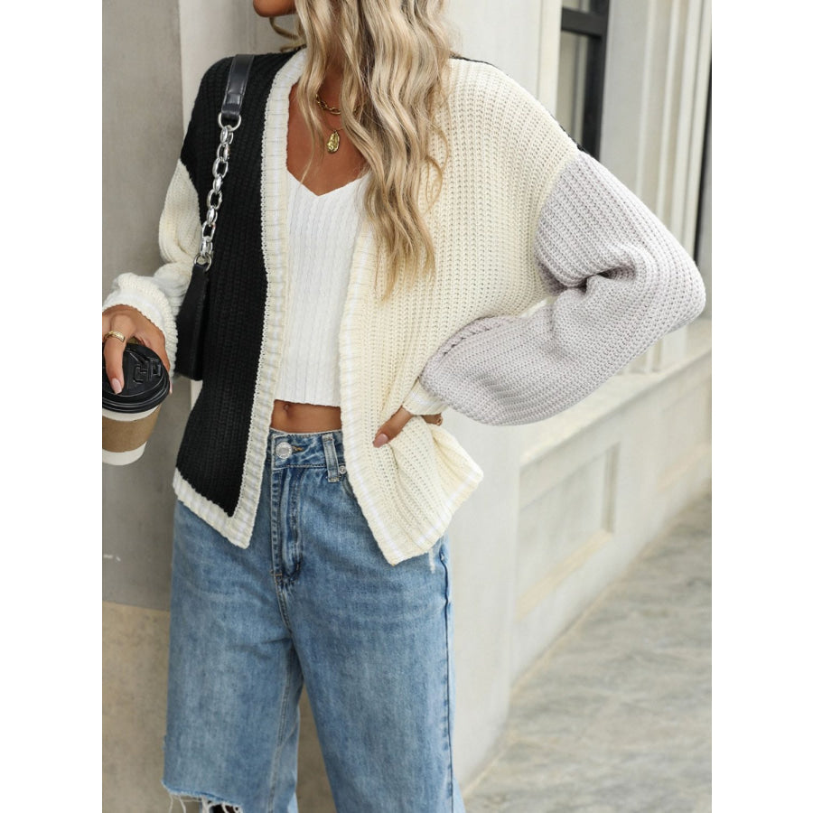 Contrast Open Front Long Sleeve Cardigan Apparel and Accessories