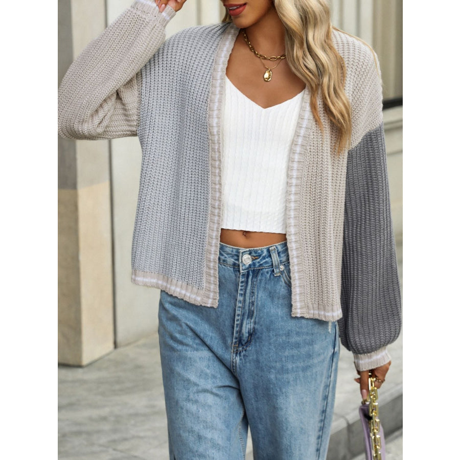 Contrast Open Front Long Sleeve Cardigan Gray / S Apparel and Accessories