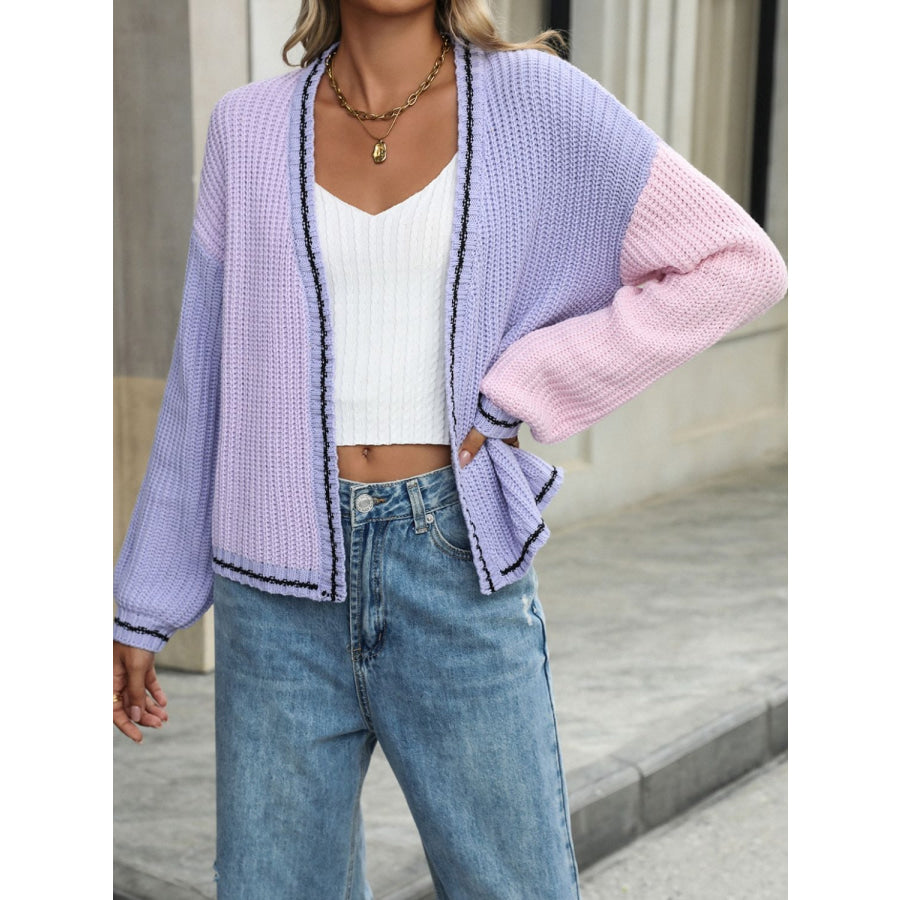 Contrast Open Front Long Sleeve Cardigan Pink Purple / S Apparel and Accessories