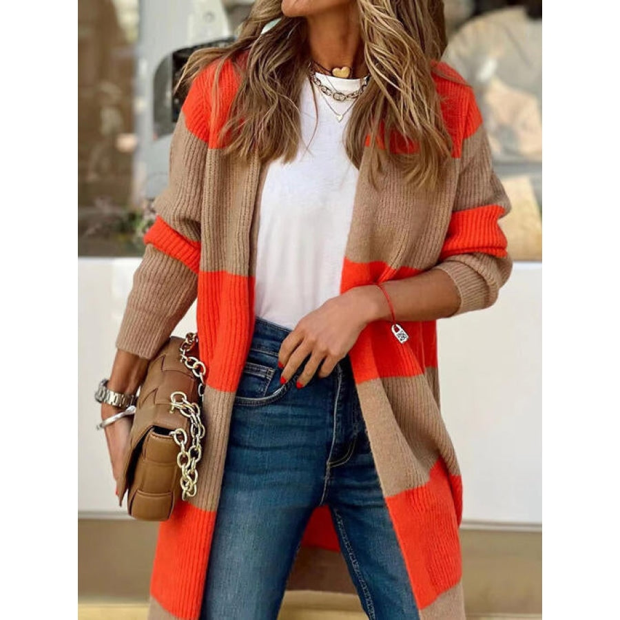 Contrast Open Front Long Sleeve Cardigan Red Orange / S Clothing