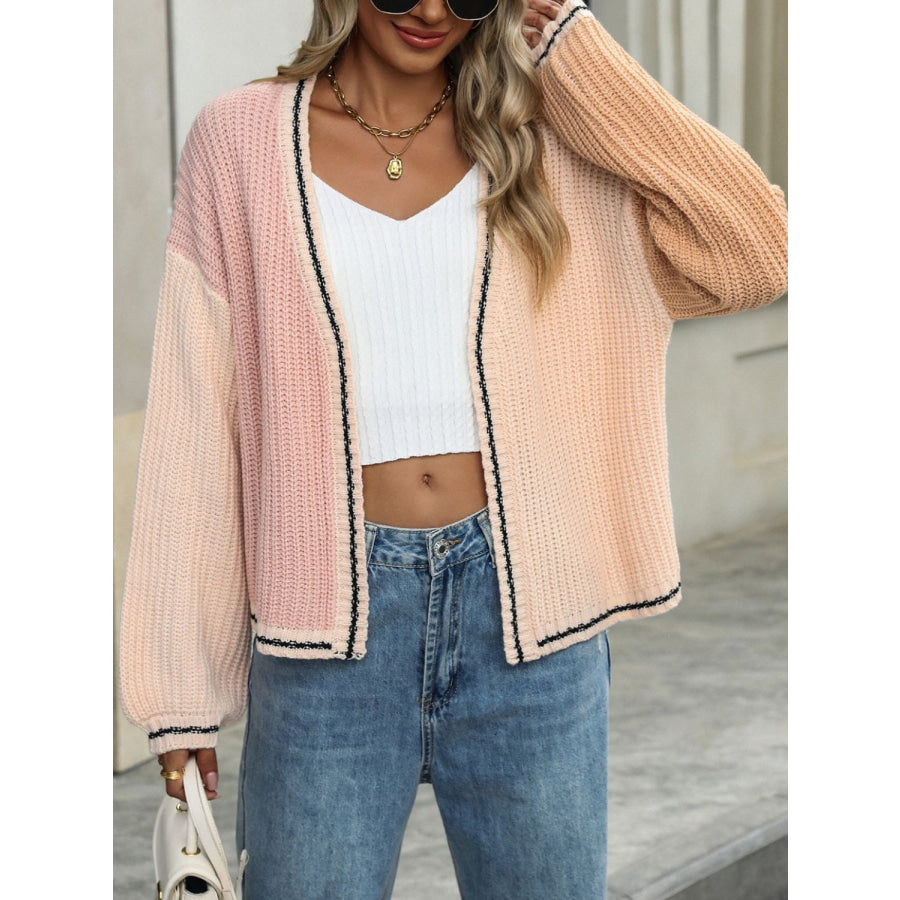 Contrast Open Front Long Sleeve Cardigan Watermelon pink / S Apparel and Accessories