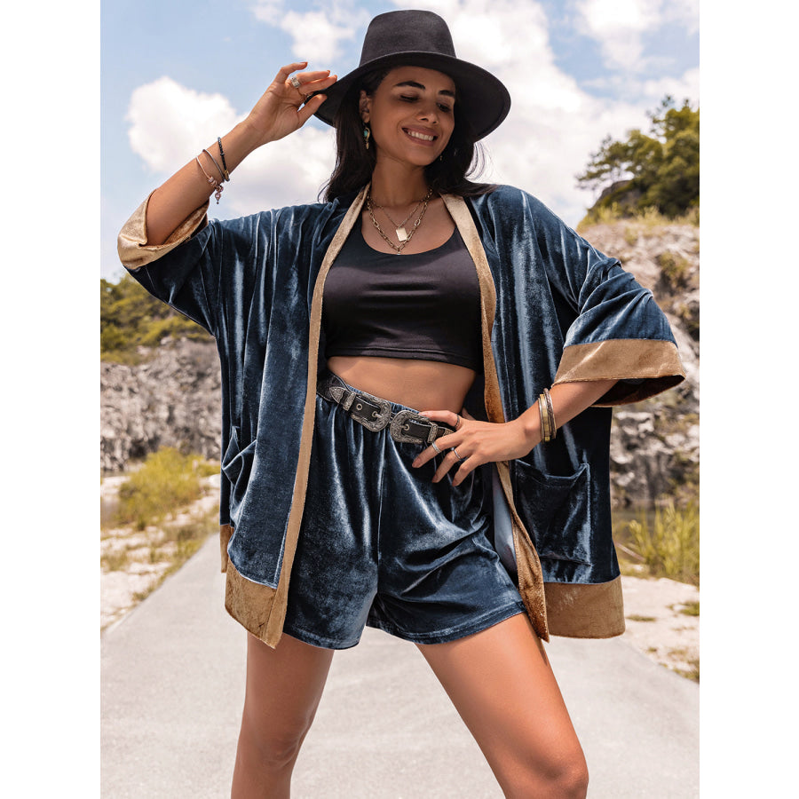 Contrast Open Front Top and Shorts Set Apparel and Accessories