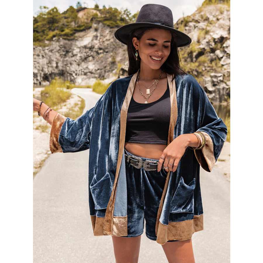 Contrast Open Front Top and Shorts Set Apparel and Accessories