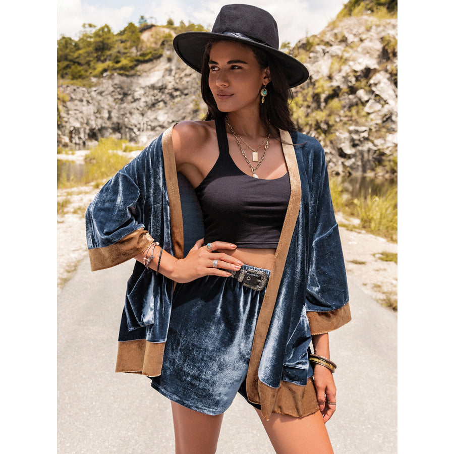 Contrast Open Front Top and Shorts Set Navy / S Apparel and Accessories