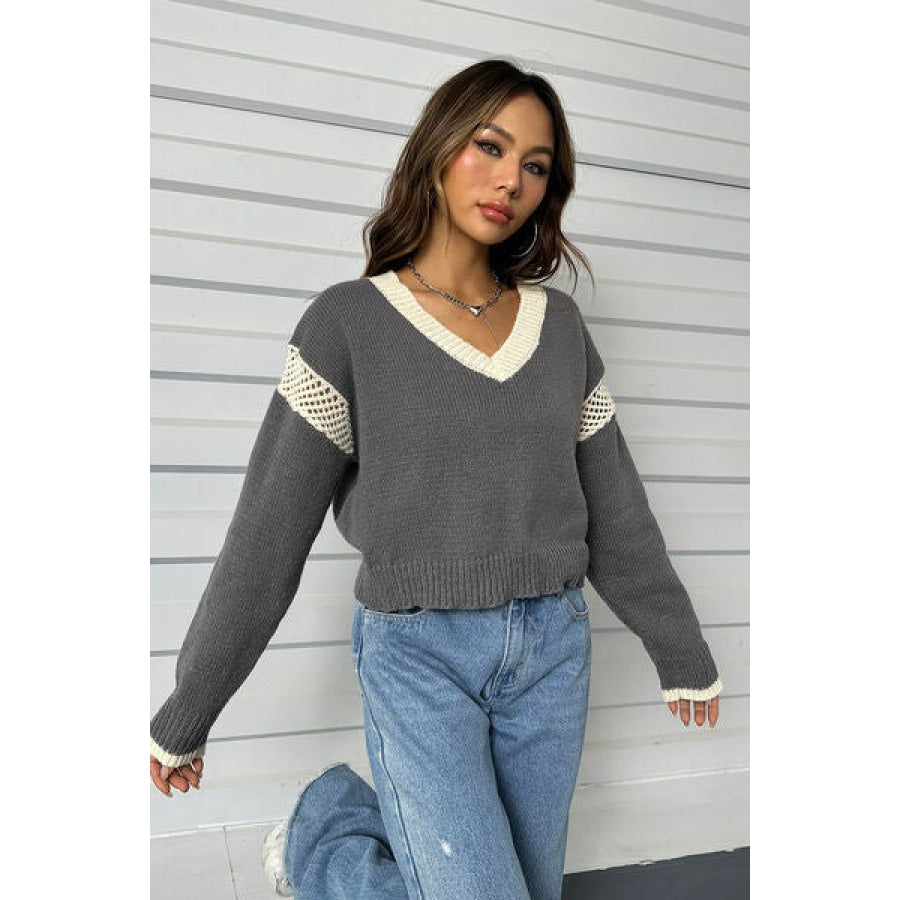 Contrast Openwork Long Sleeve V-Neck Sweater Clothing