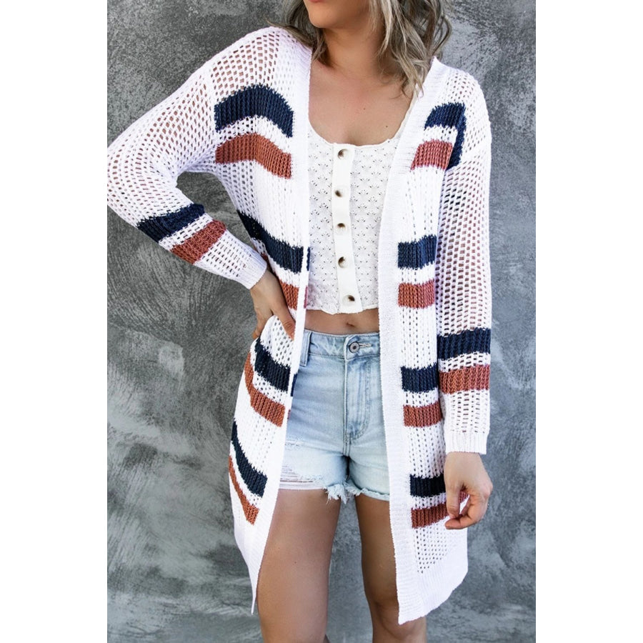 Contrast Openwork Open Front Long Sleeve Cardigan Apparel and Accessories