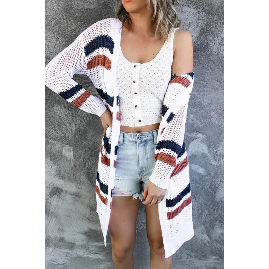 Contrast Openwork Open Front Long Sleeve Cardigan White / S Apparel and Accessories