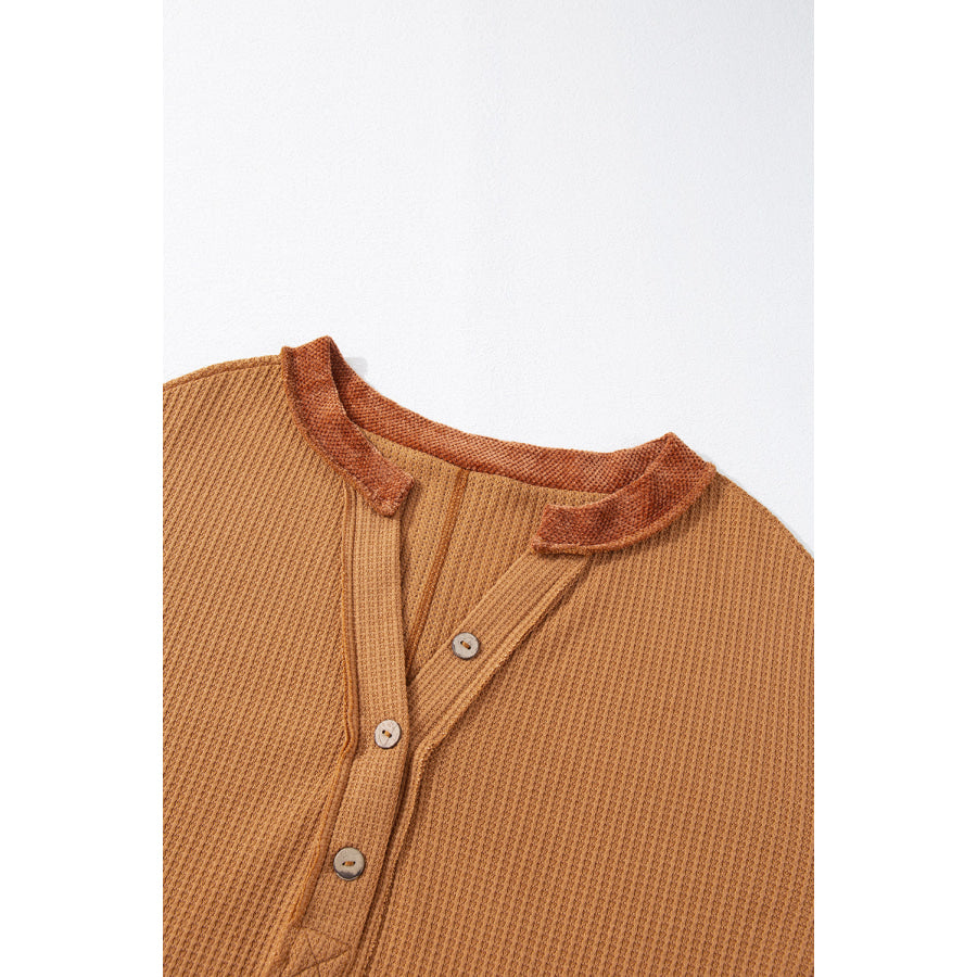 Contrast Patched Exposed Seam Waffle Knit Henley Top Apparel and Accessories