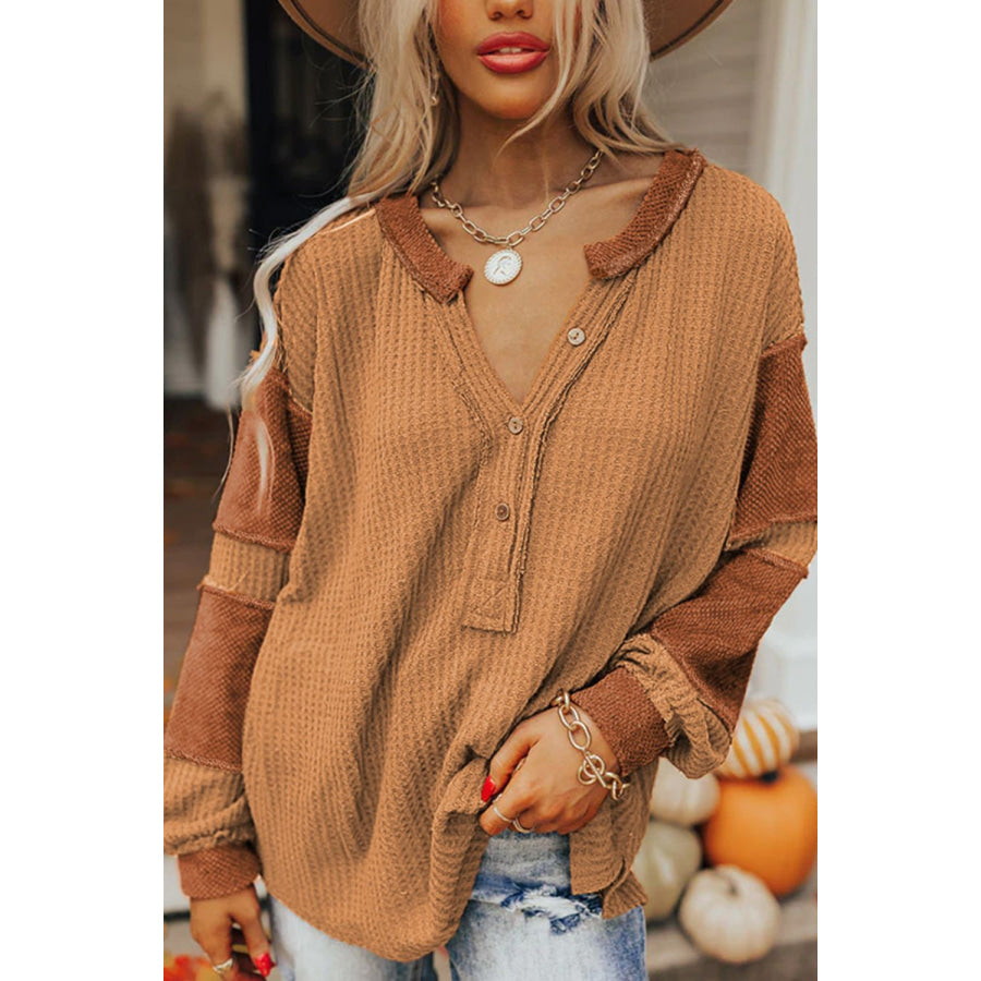 Contrast Patched Exposed Seam Waffle Knit Henley Top Caramel / S Apparel and Accessories