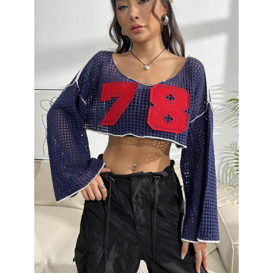 Contrast Patches Long Sleeve Cropped Knit Top Navy / S