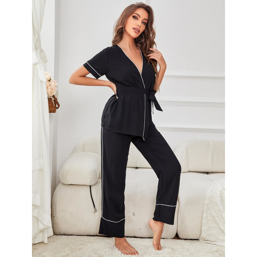 Contrast Piping Belted Top and Pants Pajama Set Black / S