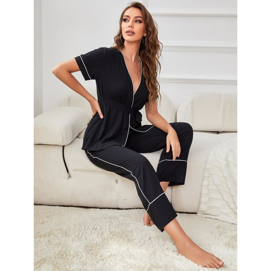 Contrast Piping Belted Top and Pants Pajama Set