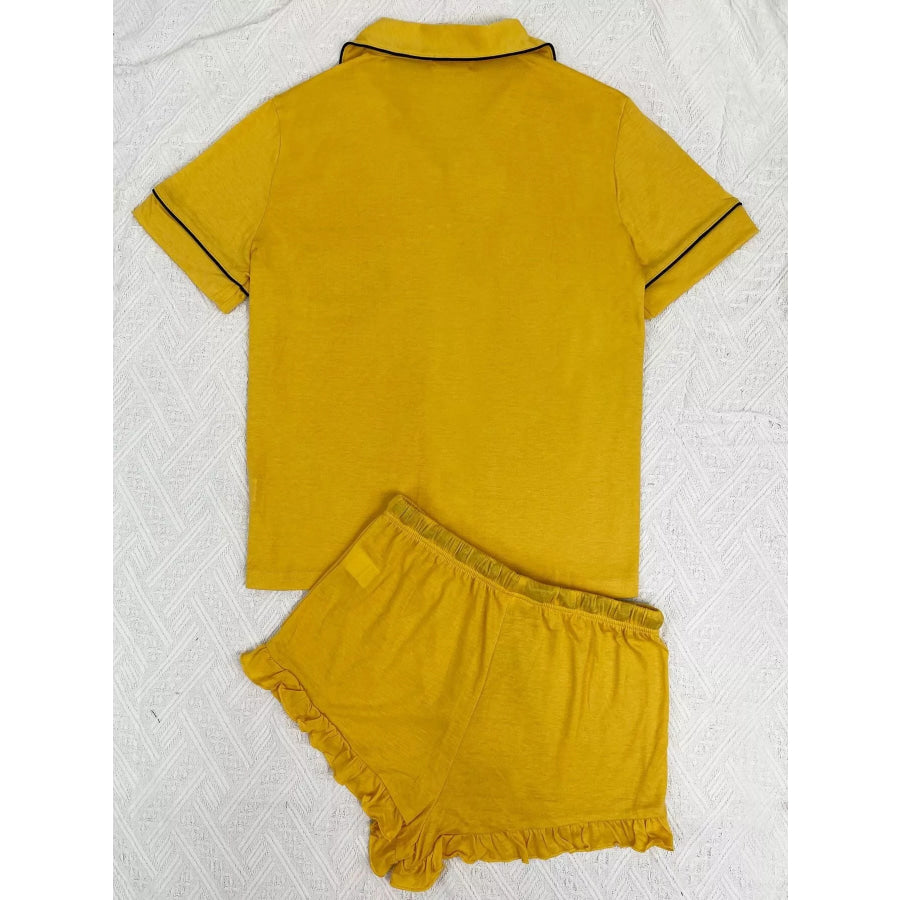 Contrast Piping Button-Down Shirt and Ruffle Shorts Lounge Set Apparel Accessories