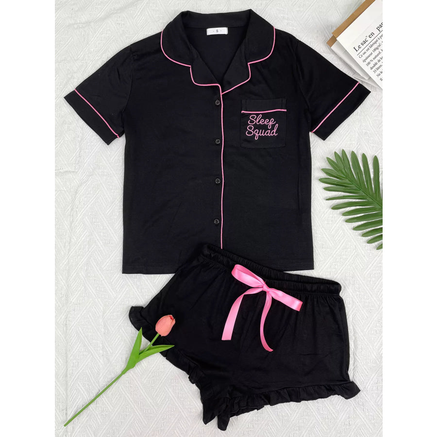 Contrast Piping Button-Down Shirt and Ruffle Shorts Lounge Set Apparel Accessories