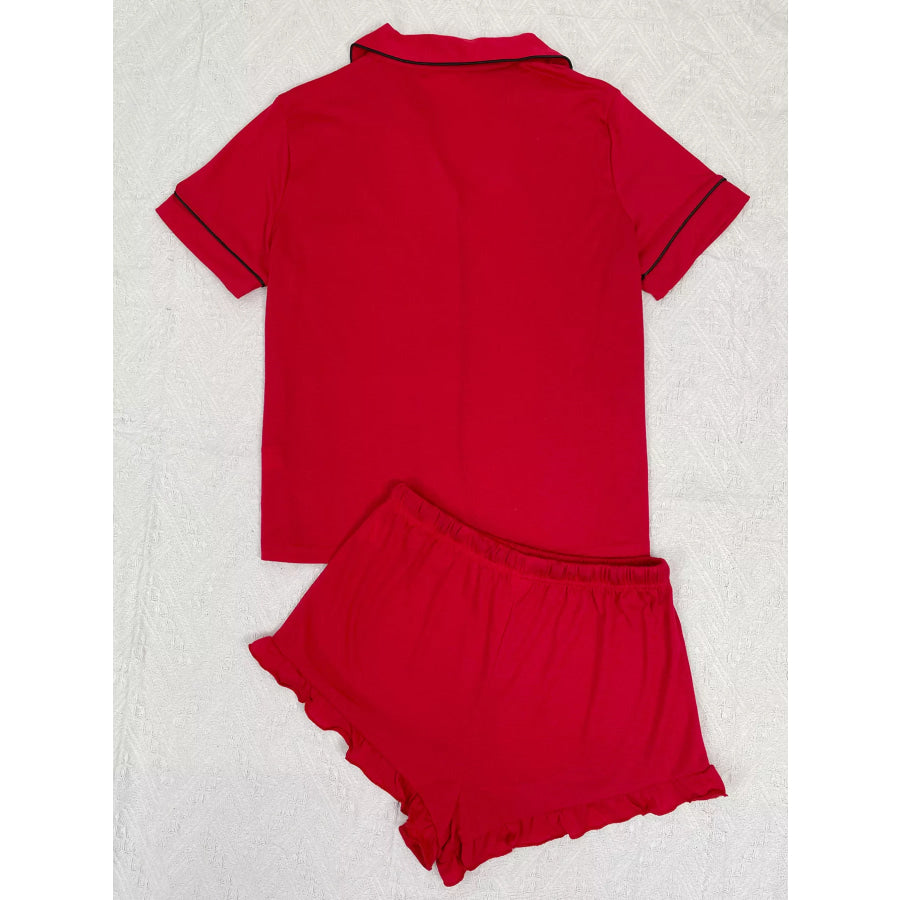 Contrast Piping Button-Down Shirt and Ruffle Shorts Lounge Set Apparel Accessories