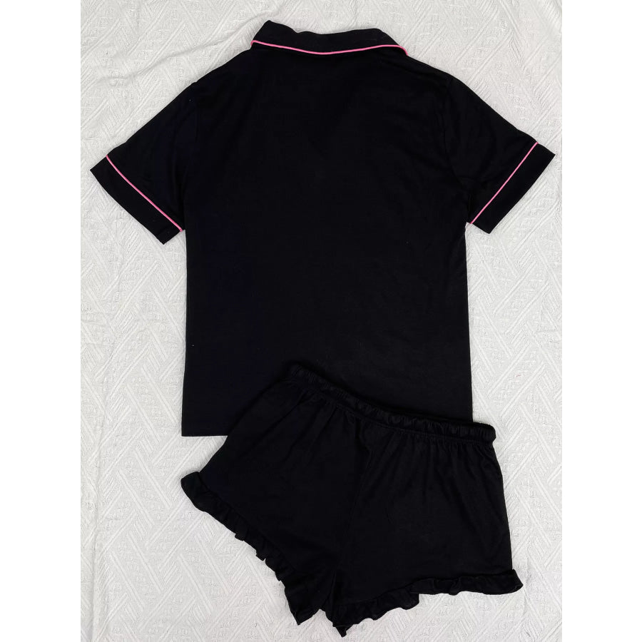 Contrast Piping Button-Down Shirt and Ruffle Shorts Lounge Set Apparel Accessories