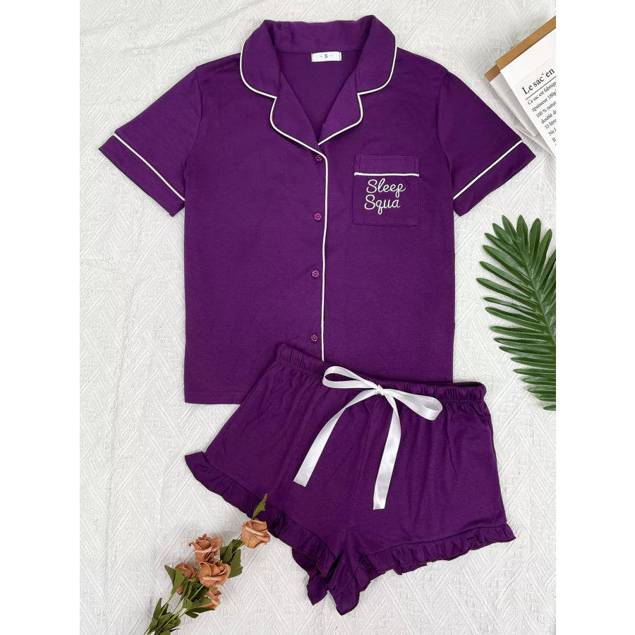 Contrast Piping Button-Down Shirt and Ruffle Shorts Lounge Set Violet / S Apparel Accessories