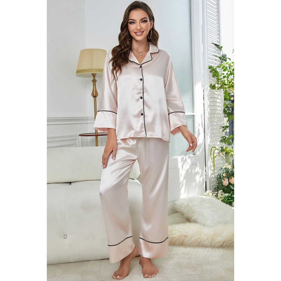 Contrast Piping Button-Up Top and Pants Pajama Set Beige / S