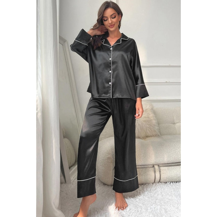 Contrast Piping Button-Up Top and Pants Pajama Set Black / S