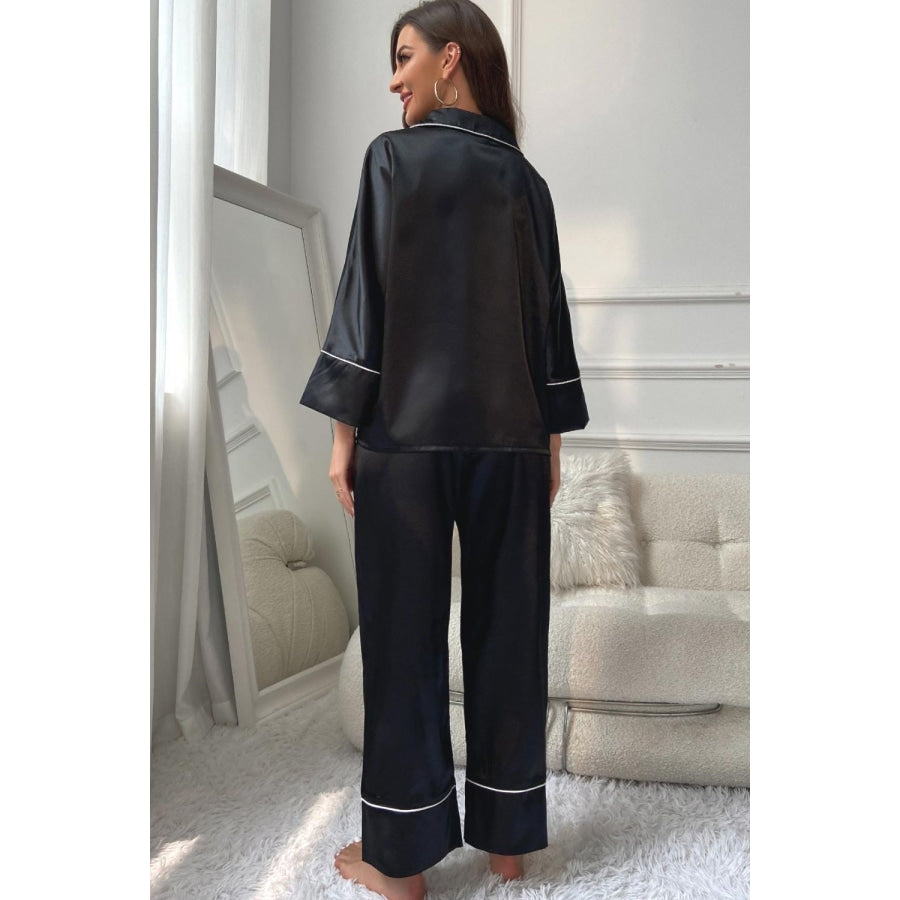 Contrast Piping Button-Up Top and Pants Pajama Set Black / S