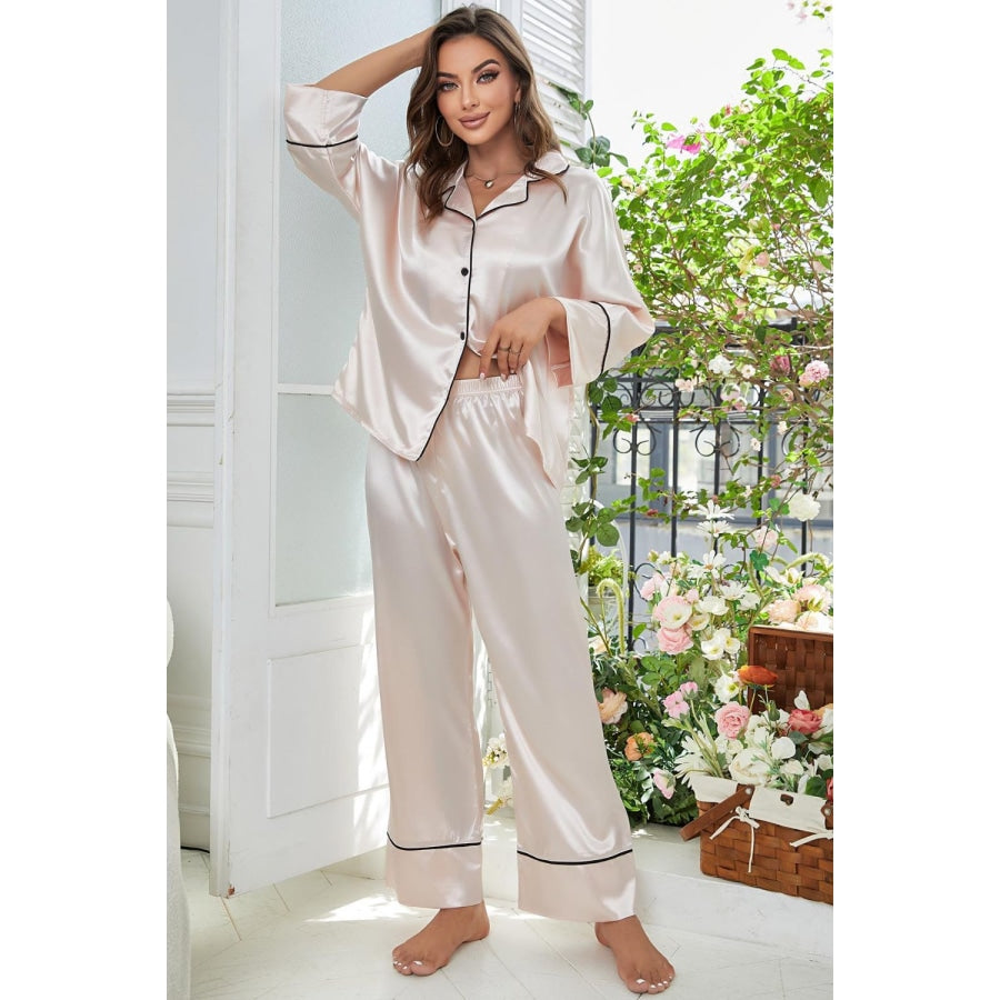 Contrast Piping Button-Up Top and Pants Pajama Set